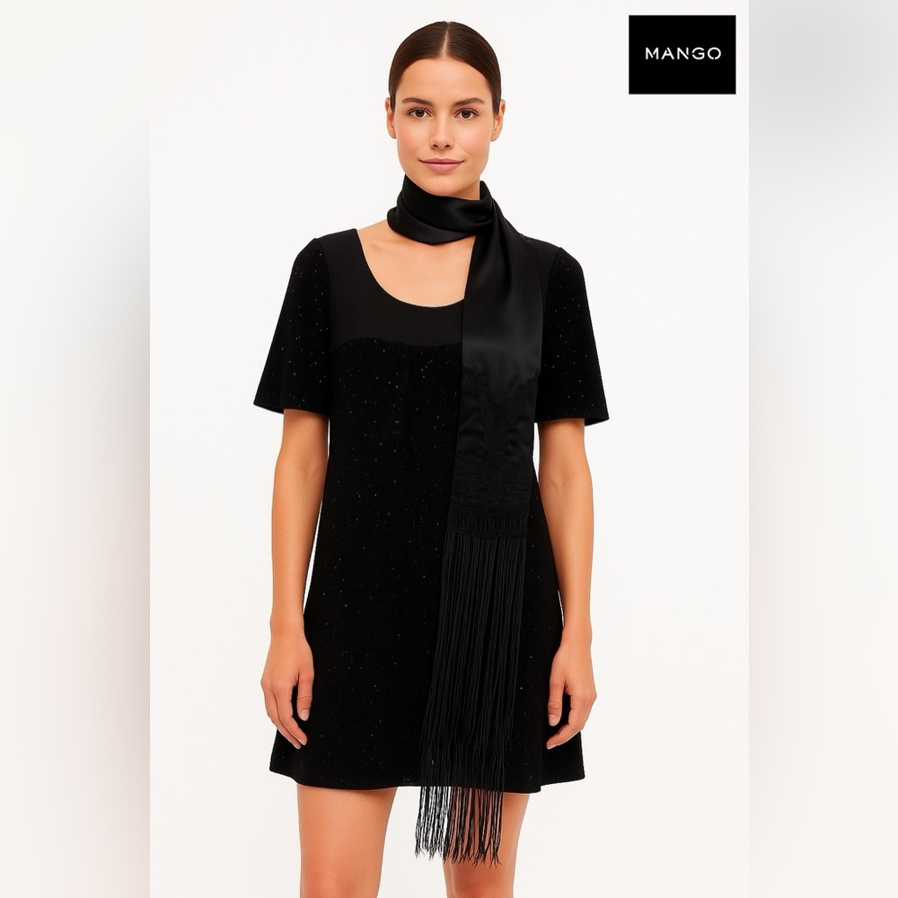 Mango Vintage Knitted Black&Copper Sparkle Dress w/Fringed Satin Scarf